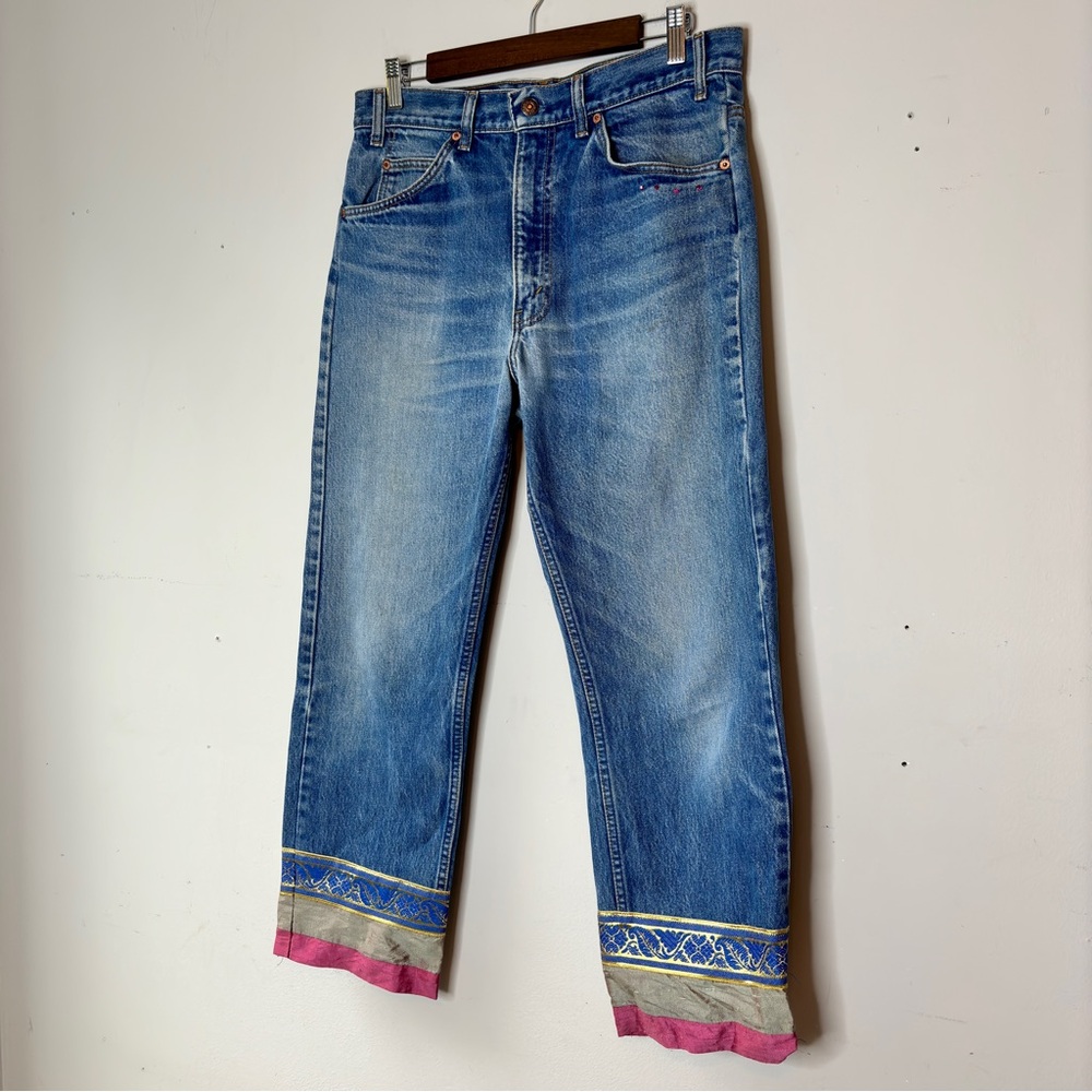 Levi's 505 Vintage Y2K Orange Tag Nooshin Upcycle Bandana Hem Rhinestone Jean 33 - Picture 13 of 14